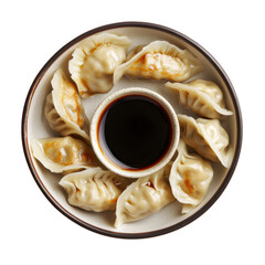 Delicious Homemade Dumplings Served with Soy Sauce in a Round Plate on transparent background