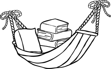 Summer Reading Bookish Outline Books Stack on Hammock Cartoon Hand Drawn