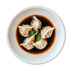Delicious Dumplings in Soy Sauce with Fresh Cilantro Garnish on transparent background