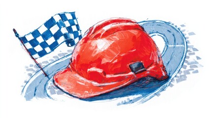 Illustration of a red hard hat, checkered flag, and a curving roadway