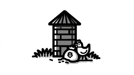 Naklejka premium A cartoon drawing of a brick structure, fowl, and sacks against a white background