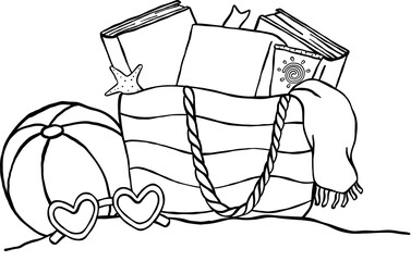 Summer Reading Bookish Outine Books in Beach Bag and Ball on the Sand Cartoon Hand Drawn