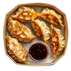 Delicious Golden Brown Dumplings with Spicy Dipping Sauce in a Takeout Box on transparent background