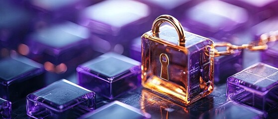 A close-up shot features a glass padlock resting on a keyboard, symbolizing data security and protection. The image is illuminated with purple and gold lighting