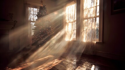 A wide, sunlit beam of light streams through a window, illuminating dust motes and falling across an untouched Christmas tree in a quiet room.