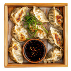 Steamed Dumplings with Soy Sauce in a Wooden Steamer Basket, Perfect for Sharing and Enjoying Asian Cuisine on transparent background