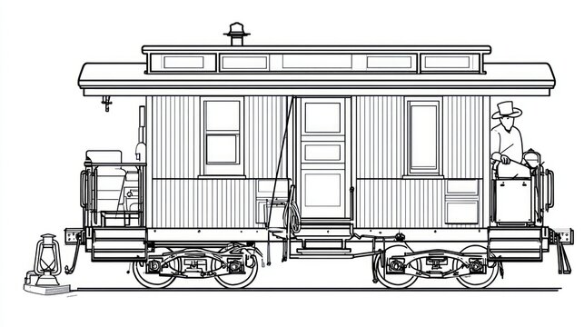 A black and white line drawing of a historic caboose with a person inside and detail