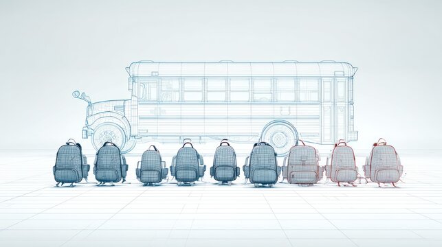 Digitally rendered image showcasing school backpacks in front of a wireframe school bus