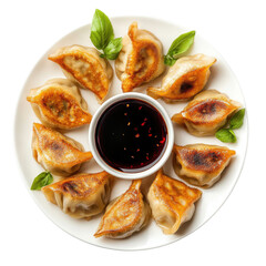 Deliciously Crispy Dumplings with Soy Sauce Dip on a White Plate, Perfect for Sharing at Dinner or Parties on transparent background