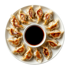 Delicious Plate of Pan-Fried Dumplings Served with Soy Sauce for Dipping on transparent background