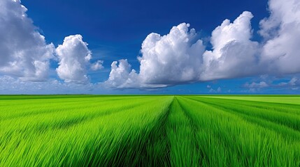 Obraz premium A vibrant green field stretches towards the horizon under a bright blue sky dotted with fluffy white clouds. The landscape is peaceful and serene.