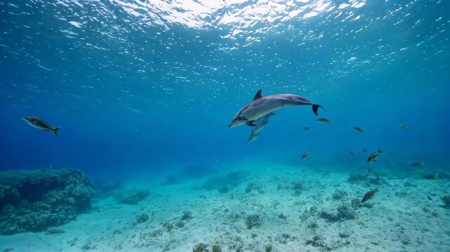 Undersea dolphins and schools of fish swimming material Dolphins swim in the underwater world
