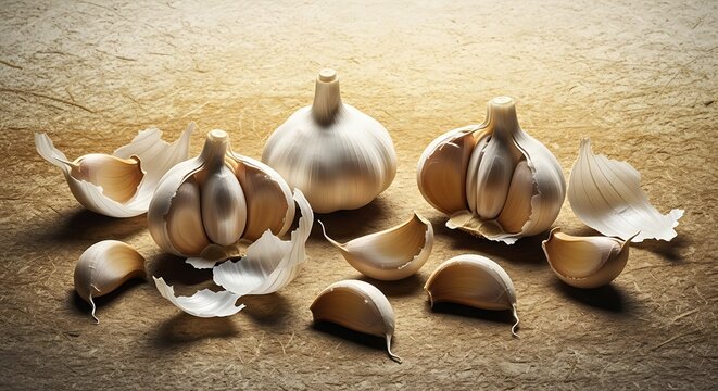 Arrangement of garlic bulbs and cloves on a textured surface top view
