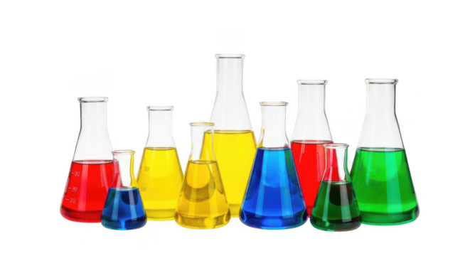 Row of glass beakers filled with colorful liquids. isolated illustration on  transparent background PNG - Powered by Adobe