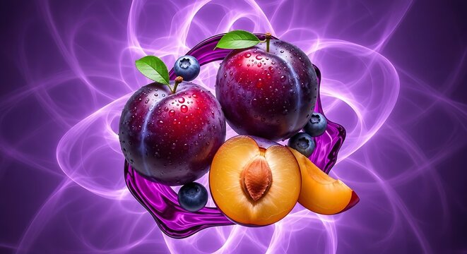 Two plums blueberries and a plum slice on a purple abstract background