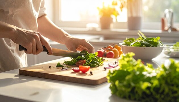A beautifully composed, close-up photograph capturing a person's hands delicately arranging fresh salad ingredients on a light wooden cutting board in a bright, modern kitchen. The scene is strongly b