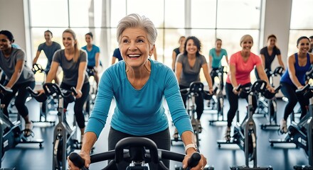Senior woman enthusiastically participating in a group cycling class, surrounded by diverse individuals, showcasing a vibrant fitness atmosphere and promoting healthy lifestyle choices modern gym envi