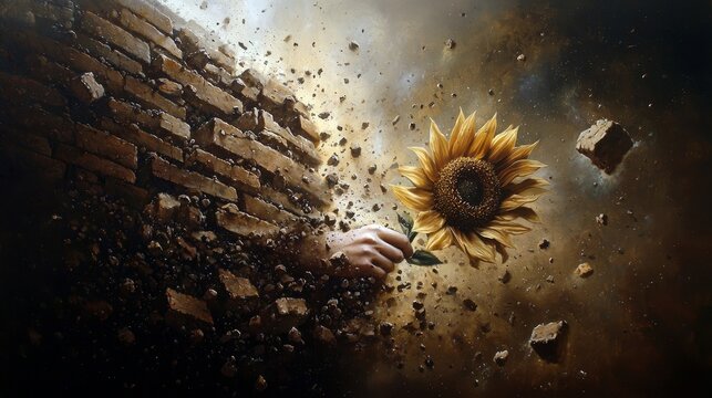 A hand holding a sunflower breaks through a crumbling brick wall, symbolizing hope and overcoming obstacles.