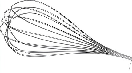 A grayscale, simple illustration of a whisk, curved wires radiating from a handle