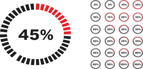 Modern vector set of circular progress bar icons, displaying percentage completions from zero to one hundred, ideal for data visualization, web and application interfaces
