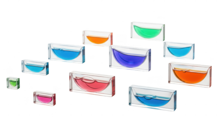 Row of colorful glass containers with different colored liquids inside. isolated illustration on transparent background PNG