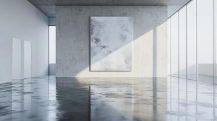Obraz premium Modern Art Gallery Interior with Concrete Walls and Reflective Floor