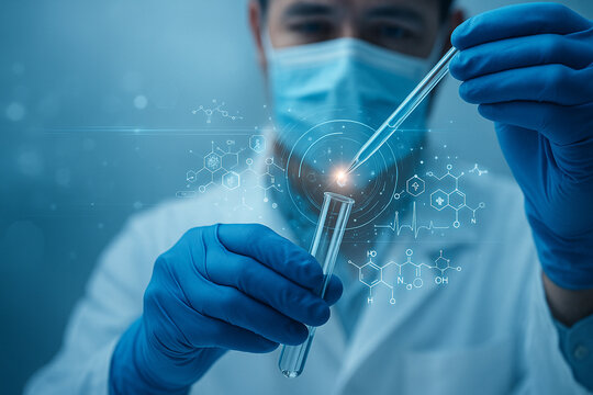 AI generated scientist conducting a precise micro level experiment with a pipette and test tube enhanced by glowing digital molecular data floating in the air conveying innovation accuracy research
