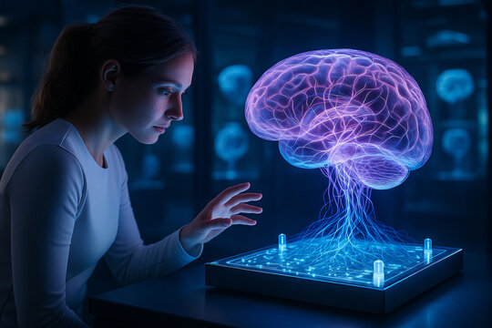 AI generated immersive female scientist analyzing a glowing transparent brain hologram with neural light patterns and bio data signals representing advanced neuroscience research precision diagnostics
