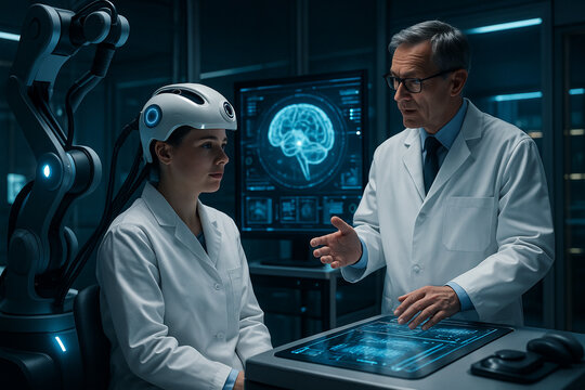 AI generated scene advanced medical experts working with neuro robotics digital scanning systems in a high tech laboratory environment representing innovation accuracy and futuristic healthcare - Powered by Adobe