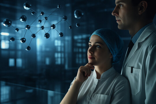AI generated two scientists observing a floating molecular structure in a modern lab symbolizing innovation collaboration advanced discovery and future scientific intelligence