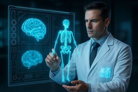 AI generated doctor interacting with a transparent hologram interface showing a glowing 3D brain and full body skeleton. The scene conveys precision digital diagnosis advanced data visualization