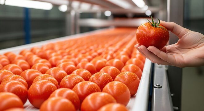 Food manufacturing concept: Female worker hand holding fresh ripe red tomato for quality control on conveyor belt background
