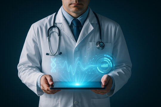 AI generated digital health interface showing a doctor holding a tablet with glowing holographic data streams symbolizing advanced diagnostics precision analysis and smart healthcare technology