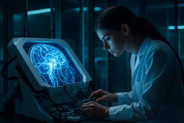 AI generated neuroscience research scene showing a focused female scientist analyzing glowing brain data in a high tech lab blending science innovation and digital intelligence