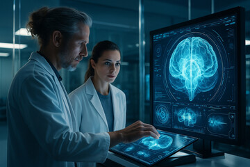 AI generated two neuroscientists reviewing a glowing 3D brain scan on advanced digital displays symbolizing precision research neural visualization deep analytics and the fusion of modern medicine