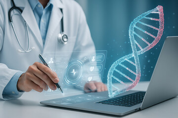AI generated digital medical scene showing a doctor using a holographic health data panel beside a glowing DNA model representing advanced analytics precision medicine and smart healthcare technology
