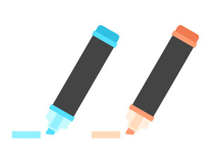 青とオレンジの蛍光ペン・マーカーペンのアイコンセット   シンプルで可愛い！下線に使える文房具のベクターイラスト Set of Blue and Orange Highlighter Pen Icons with Lines