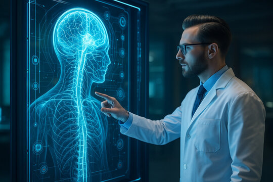 AI generated male neuroscientist interacting with a glowing blue holographic display showing the human nervous system spine and neural pathways symbolizing precision research - Powered by Adobe