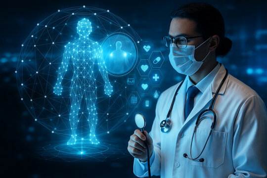 AI generated doctor examining a glowing human body hologram within a data sphere symbolizing smart diagnostics medical technology precision health analytics and advanced digital care