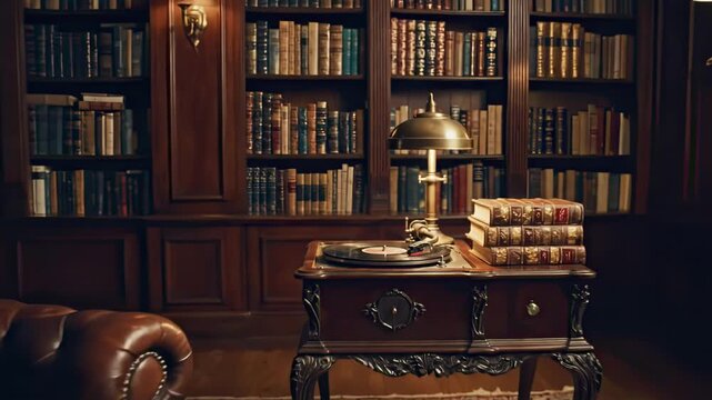 Vintage record player playing classic vinyl album music in home