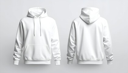 Front and back views of a white hoodie, showcasing the design details on a neutral background