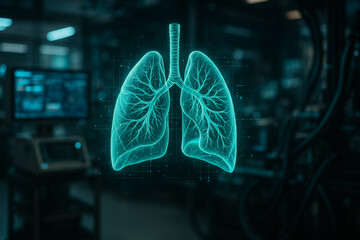 AI generated lung hologram in a high tech lab with glowing turquoise lines digital interface clean mood future healthcare precision analysis modern medical innovation