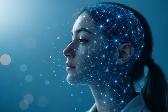AI generated profile person illuminated by a glowing digital mesh network symbolizing deep neural connection future cognition data flow and seamless integration between human intelligence technology