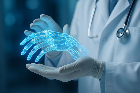 AI generated futuristic medical concept showing a doctor holding a glowing hologram hand symbolizing advanced healthcare innovation human AI integration precision diagnostics digital anatomy analysis