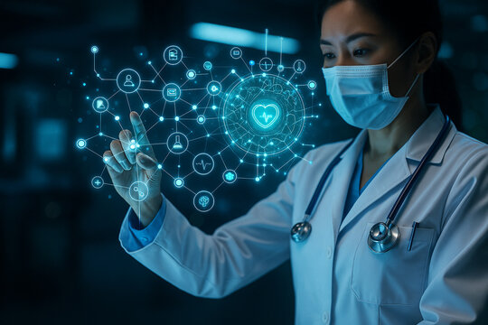 AI generated doctor using a glowing holographic healthcare network with medical icons heart analytics and interconnected data nodes symbolizing advanced diagnosis precision technology