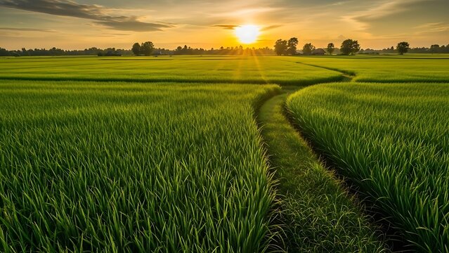 Sunset over lush green rice paddy field with golden sun rays beaming between distant trees and a rustic dirt path