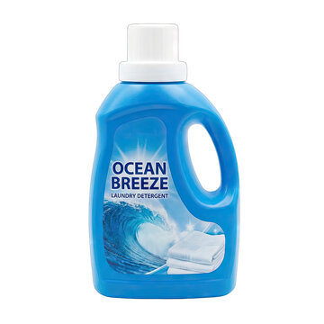 Blue laundry detergent bottle with Ocean Breeze branding and white cap isolated on black background with folded white clothes and crashing wave graphic label