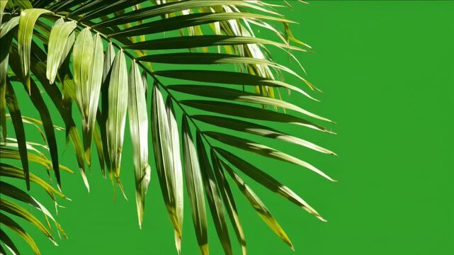 Lush green palm leaf texture against a vibrant green screen backdrop, nature