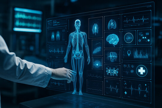 AI generated scene showing advanced medical diagnostics with a glowing holographic skeleton brain scans and real time health data panels creating a sense of precision safety and scientific progress.