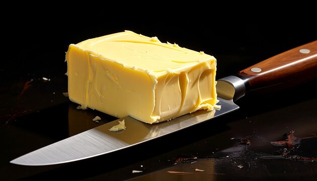 A close-up shot of a rectangular block of yellow dairy fat sits atop a shiny knife, against a dark backdrop